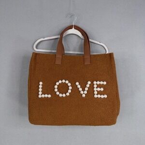 Btb Tote Bag Womens Brown Sherpa Teddy Pearl LOVE Faux Leather Handles LA